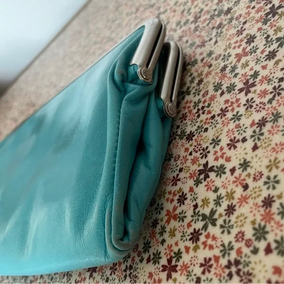 HOBO Leather Lauren Clutch in a Light Aqua,Turquoise Blue with Dust Bag - Picture 9 of 10